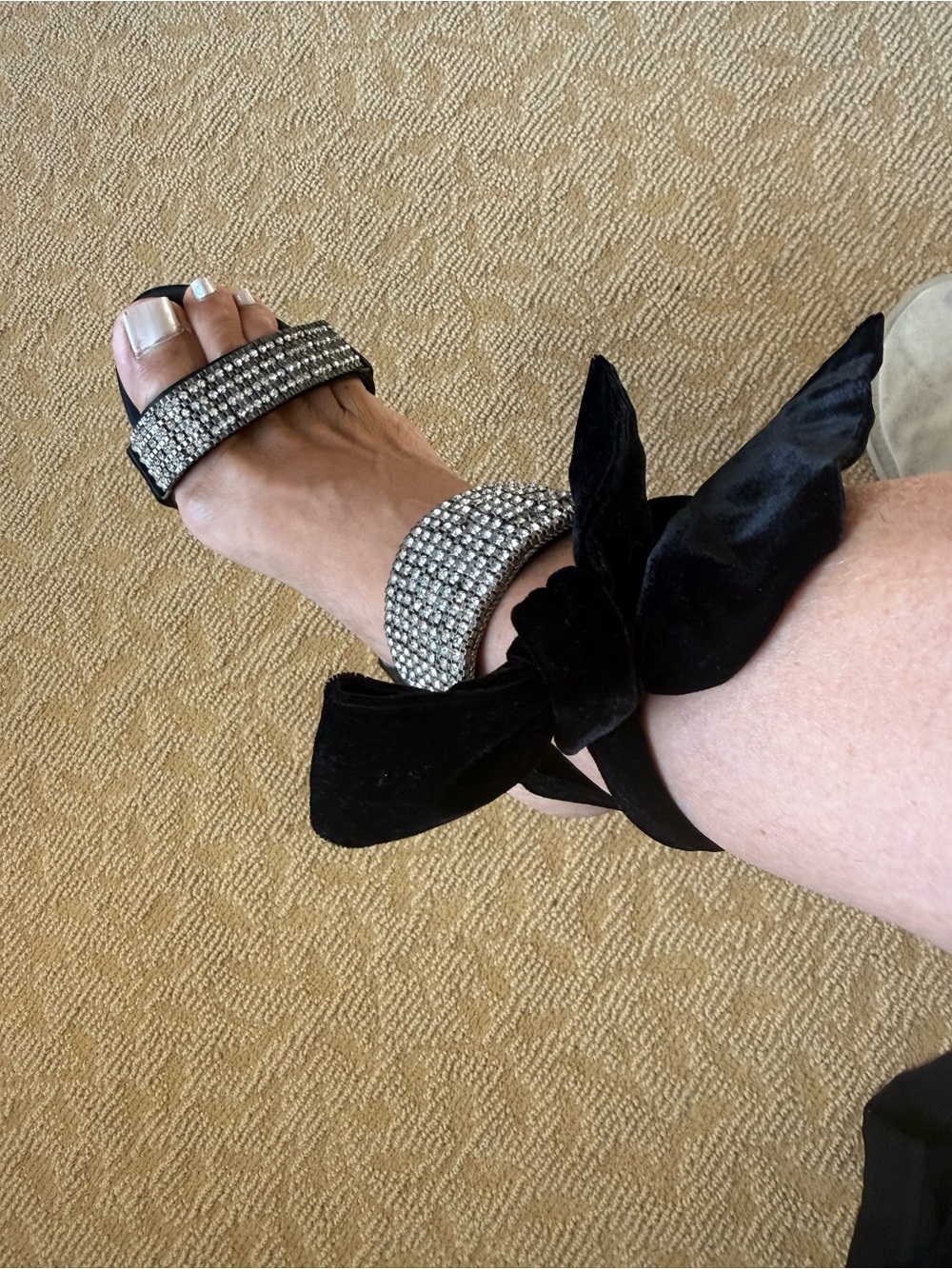 Black Ankle-Tie Sandals with Crystal Embellished Straps